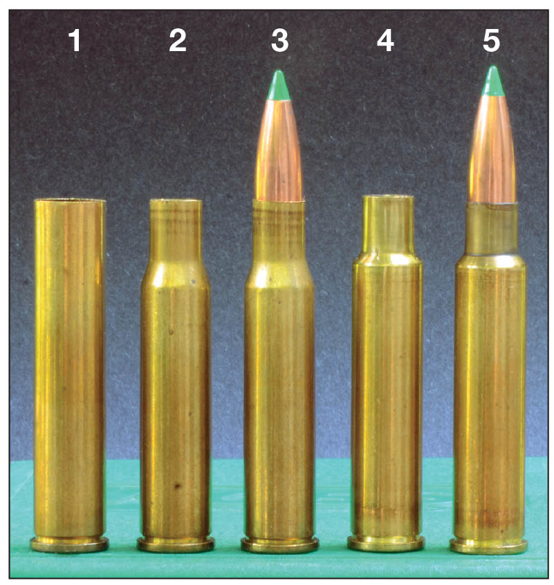 The .444 Marlin can be necked down to .30 caliber in one step by lightly lubing the case and running it through a .308 Winchester full-length resizing die backed off quite some distance from the shellholder. A .309 JDJ resizer will not work for this because its 45-degree shoulder crumples the case. Shown is the (1) .444 Marlin case, (2) the case necked down with a .308 Winchester die, (3) case charged with a reduced load and ready for fireforming, a (4) fireformed case and a (5) loaded .309 JDJ round.
